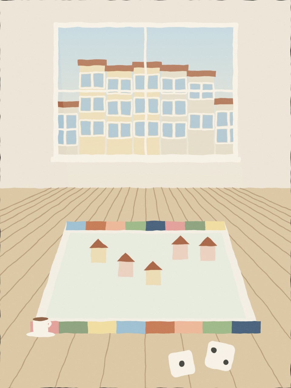 A sunlit city board by a window